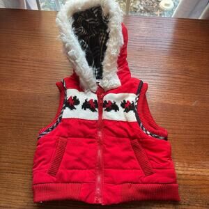 B.T. Kids 12M Red Hooded Vest Faux Fur Plaid Lined Scottie Dogs Plaid Lined